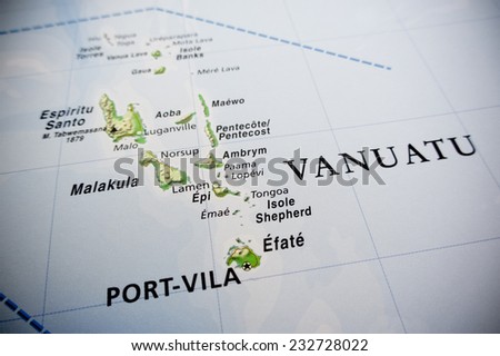 Vanuatu islands map (Geographical view altered on colors/perspective and focus on the edge. Names can be partial or incomplete)
