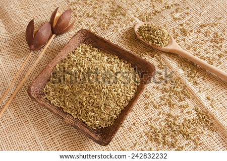 fennel seeds as natural ingredient in a wooden cup - country style