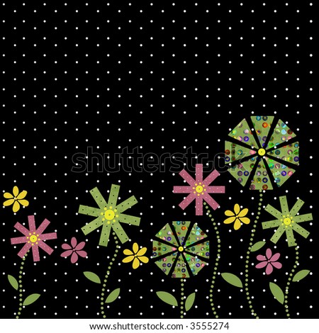 Funky flower border on black background with white spots