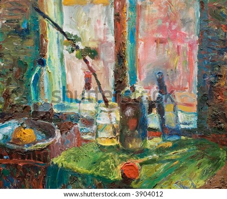 Still life with bottles against a background of window. Canvas, oil paint.