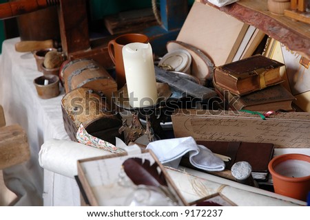 Set of ancient  books and writing tools