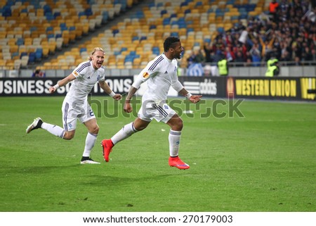 KYIV, UKRAINE - APRIL 16, 2015: Lens and Vida of Dynamo Kyiv after the scored goal during their UEFA Europe League game with Fiorentina at NSC Olimpiyskiy stadium on April 16, 2015 in Kyiv, Ukraine.