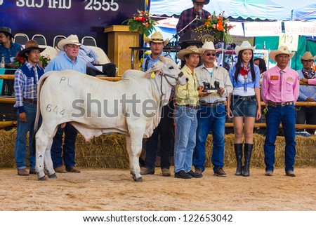 PRACHUAPKHIRIKHAN, THAILAND - DECEMBER 16 : An unidentified farmer displays his prize winning cow at the annual Livestock Show on December 16, 2012 in Pranburi, Prachuapkhirikhan, Thailand