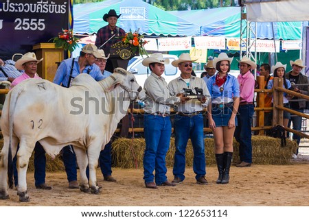 PRACHUAPKHIRIKHAN, THAILAND - DECEMBER 16 : An unidentified farmer displays his prize winning cow at the annual Livestock Show on December 16, 2012 in Pranburi, Prachuapkhirikhan, Thailand