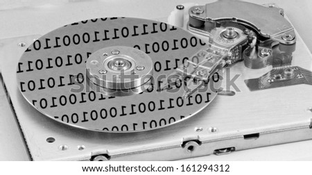 Internals of a computer harddrive with binary number reflections (HDD, winchester)
