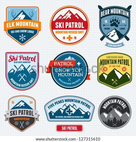 Set of ski patrol mountain badges and logo patches