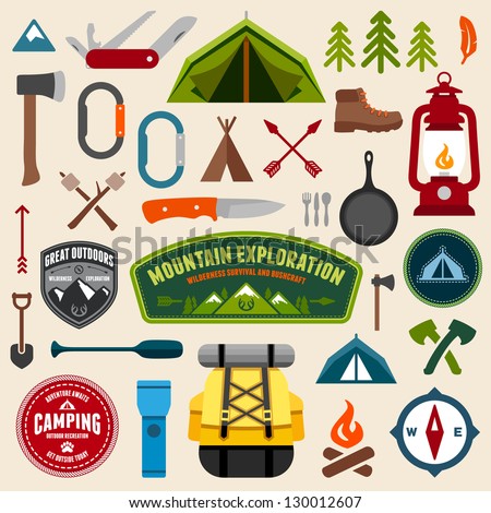 Set of camping equipment symbols and icons