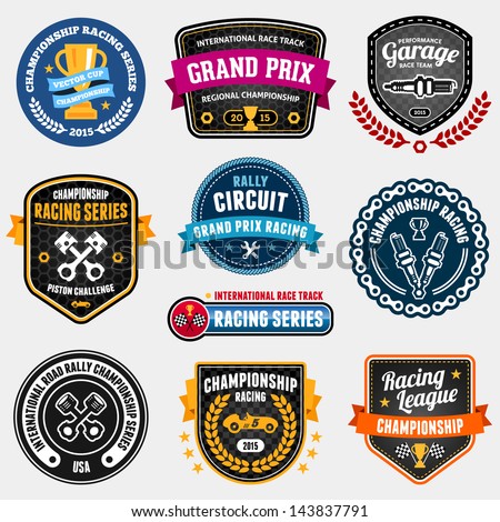 Set of car racing emblems and championship race vector badges