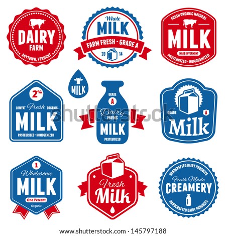 Set of milk and dairy farm product logo labels