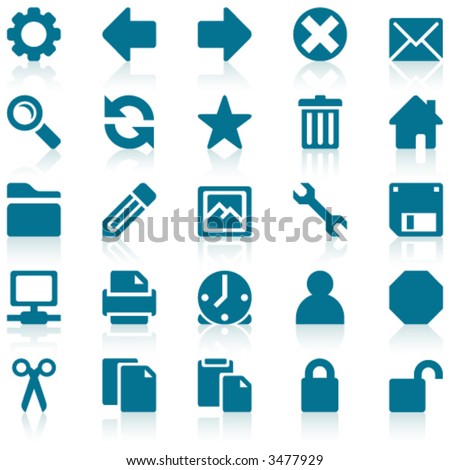 Simple blue web icons with subtle reflections, on white background