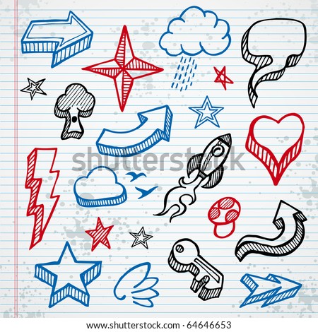 Set of sketched icons and shapes on notepad background