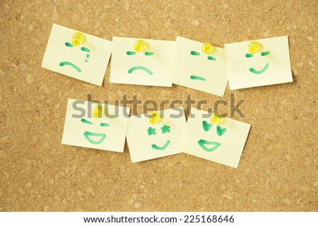Emoticon on Sticky note put on pin board