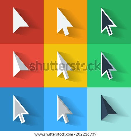 Flat style vector cursors with long shadows, on colorful background
