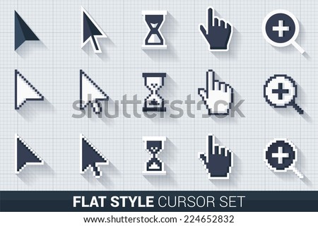 Pixelated and smooth vector cursors with long shadows, white and dark on grid background