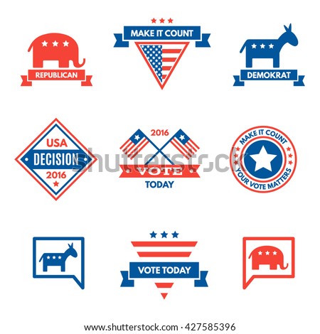 American election badges and vote logo, labels, design elements, United States, banner collection to encourage voting 2016 elections. Vintage elections, campaign and voting signs set.