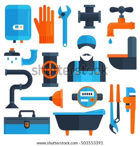 Professional Plumbing service flat icons: water pipe, toilet, bathtub and heating repair tools, sink drain cleaning kit vector illustration set.