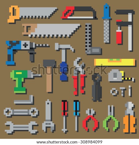 Pixel repair and construction working tools pixel icon set in vector