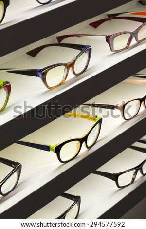 Glasses on shelves in a optical shop