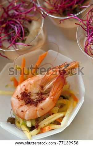 Appetizer in a restaurant, shrimp and vegetables