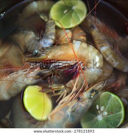 Close-up of fresh big shrimps in metal pot with limes in water