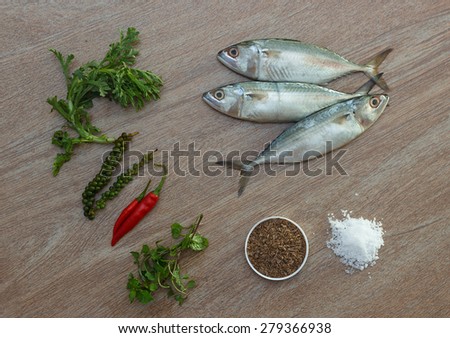 Fresh tuna with fresh pepper, salt and herbs ready for cooking on wooden background horizontal view