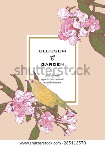 Vintage Floral Greeting Card with Twigs of Blooming Pink Apple Tree and Yellow Bird. Colorful Vertical Vector Illustration on Beige Background. Hand drawn botanical style.