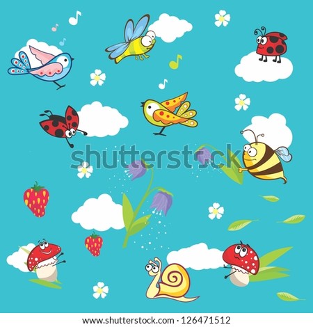 Marine blue background with insects and flowers | Vector baby texture with funny animals