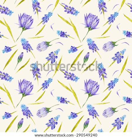 Country Field Floral Pattern | Watercolor botanical background with purple muskari and peony flowers for provence design
