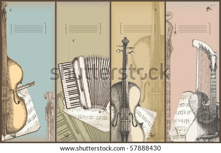 music theme banners - instruments drawing -bass, accordion, violin, harp-guitar