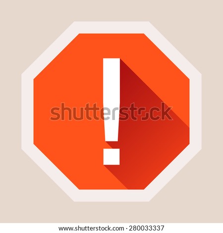 Red exclamation mark with long shadow in flat style. Vector illustration