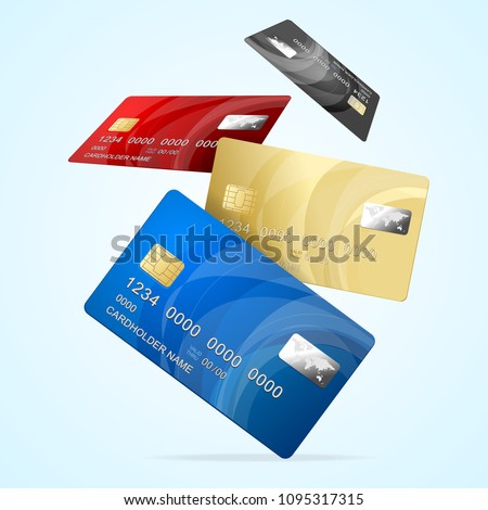 Realistic Detailed 3d Falling Color Business Credit Plastic Card Set Finance Technology for Web Design. Vector illustration of Cards