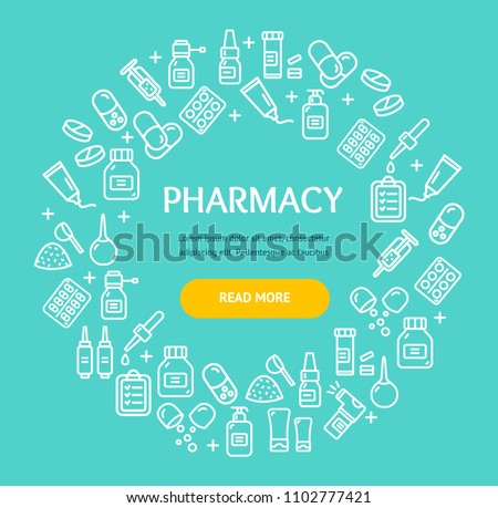 Pharmacy Signs Round Design Template Thin Line Icon Frame or Border Concept. Vector illustration of Medicine Service Ad