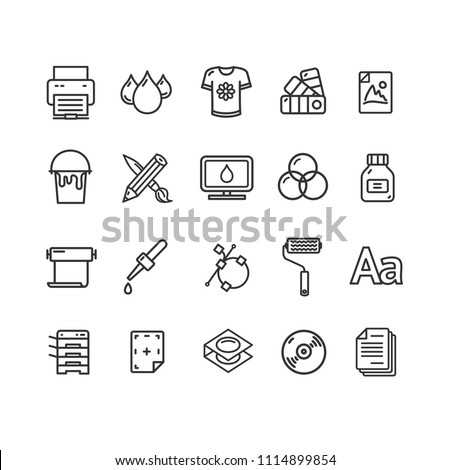 Printing Signs Black Thin Line Icon Set Include of Bottle, Pencil, Screen and Image. Vector illustration of Icons