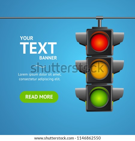 Cartoon Traffic Light Banner Card Business Concept Place for Text Element Flat Design Style. Vector illustration of Stoplight