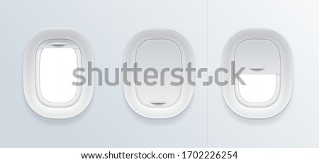 Realistic Detailed 3d Blank Airplane Window Empty Template Mockup Set. Vector illustration of Porthole with Open and Closed Glass