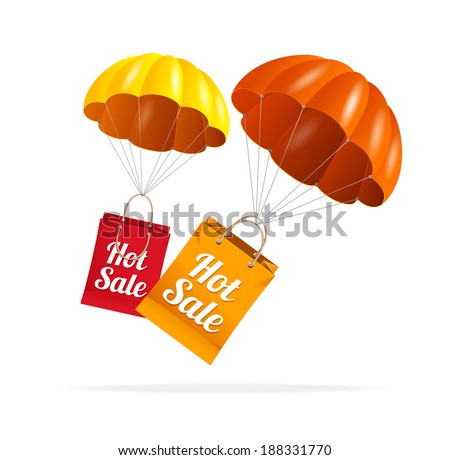 Vector sale labels with parachute. White background