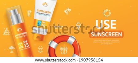 Sunscreen Moisturizer Lotion Cream Concept Banner Card Advertising Horizontal with Realistic Detailed 3d Elements. Vector illustration