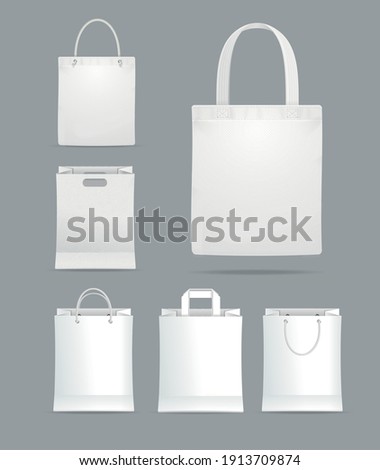 Realistic Detailed 3d White Shopping Tote Bag Fabric Cloth Empty Template Mockup Set. Vector illustration