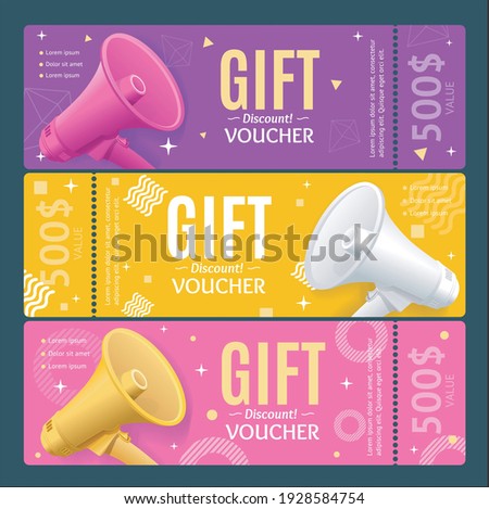 Gift Voucher Coupon Card Ad Horizontal Set with Realistic Detailed 3d Megaphone. Vector illustration of Invitation