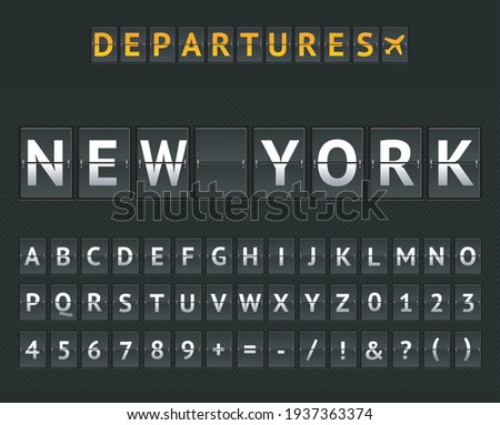 Mechanical Airport Flip Board Departure New York and Set of Letters and Numbers on a Scoreboard. Vector illustration