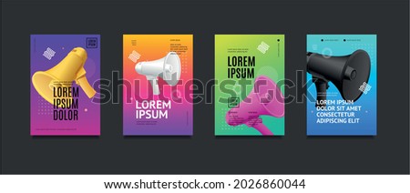 Poster Banner Card with Realistic Detailed 3d Megaphone and Abstract Memphis Style Elements Set. Vector illustration of Posters Templates and Equipment for Promotion