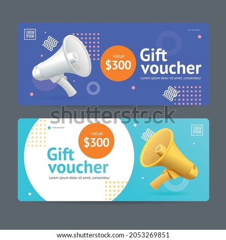 Gift Voucher Coupon Set with Realistic Detailed 3d Elements Include of Megafon. Vector illustration of Template Monetary Value Vouchers Coupons