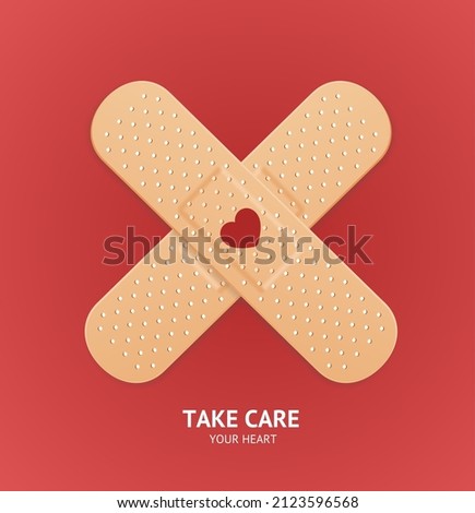 Realistic Detailed 3d Aid Band Plaster Medical Patch Cross Shape Take Care Your Heart Concept. Vector illustration of Adhesive Bandage