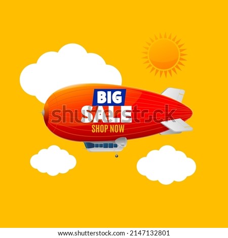 Big Sale Shop Now Concept with Hot Air Zeppelin Flying in Sky. Vector illustration of Special Offer