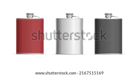Realistic Detailed 3d Blank Hip Flask Whiskey Empty Template Mock Up Set. Vector illustration of Alcohol Drink Container
