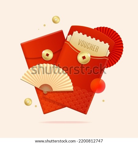 Realistic Detailed 3d Chinese Red Packet or Envelope Set Present Money and Monetary Value Voucher with Hand Fans, Coins. Vector illustration