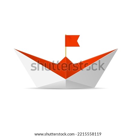 Realistic Detailed 3d Paper Boat with Red Flag Leader Concept Isolated on a White Background. Vector illustration