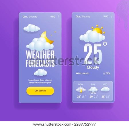 3d Weather Forecast App Template with Icons Set Cartoon Style. Vector illustration of Mobile Application UI