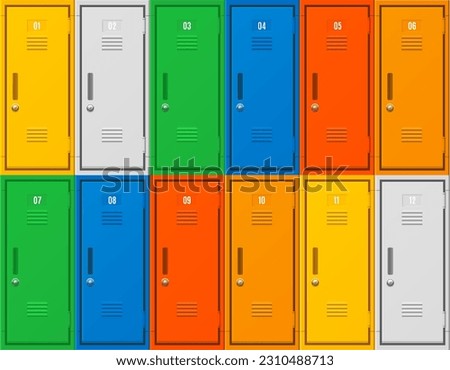 Realistic Detailed 3d School Gym Locker or Fitness Boxes with Combination Locks Set. Vector illustration of Colored Metal Cabinets