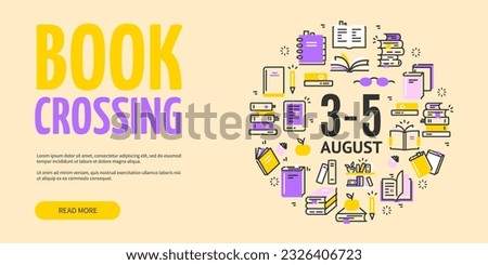 Book Crossing with Read More Button Horizontal Placard Poster Banner Card Template. Vector illustration of Exchange Books Service